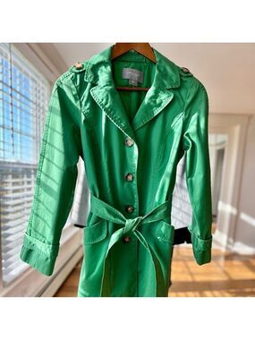 Ann Taylor Green Trench Coat, Single Breasted, Knee Length
